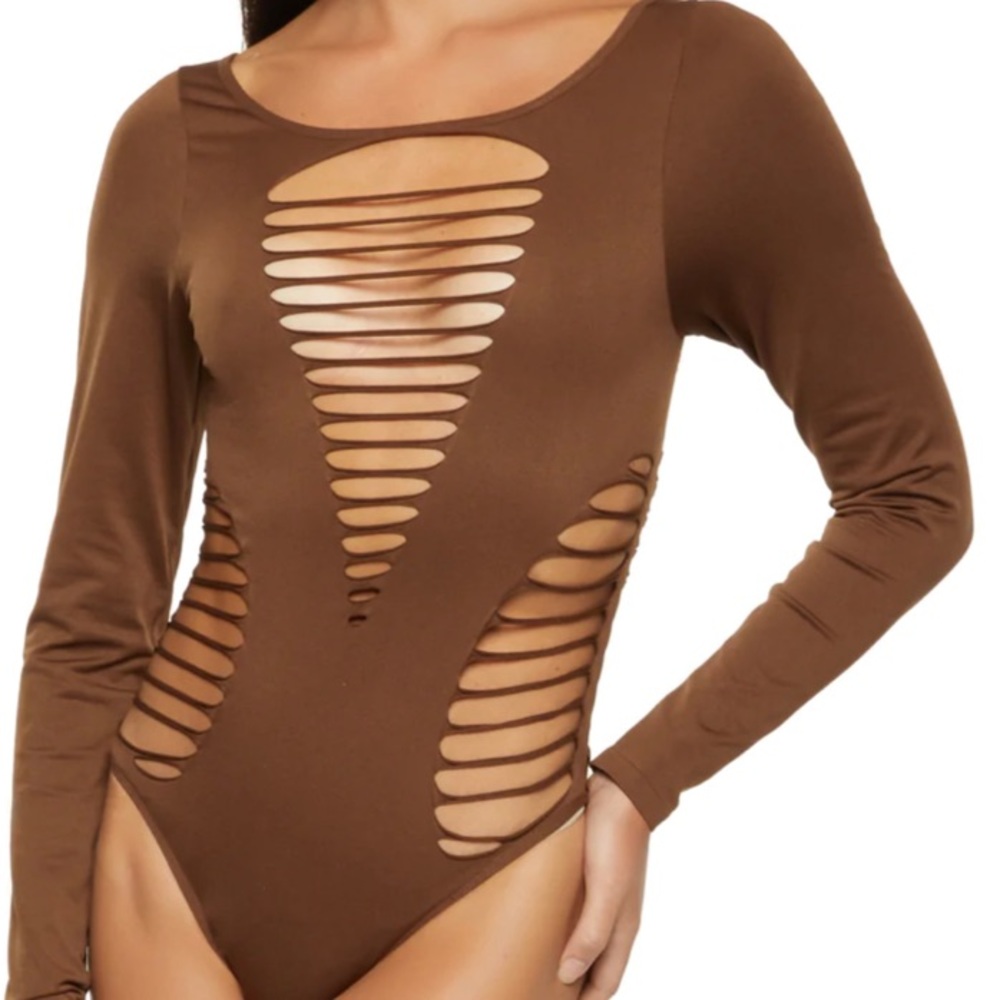 Laser Cut Out Bodysuit - Brown